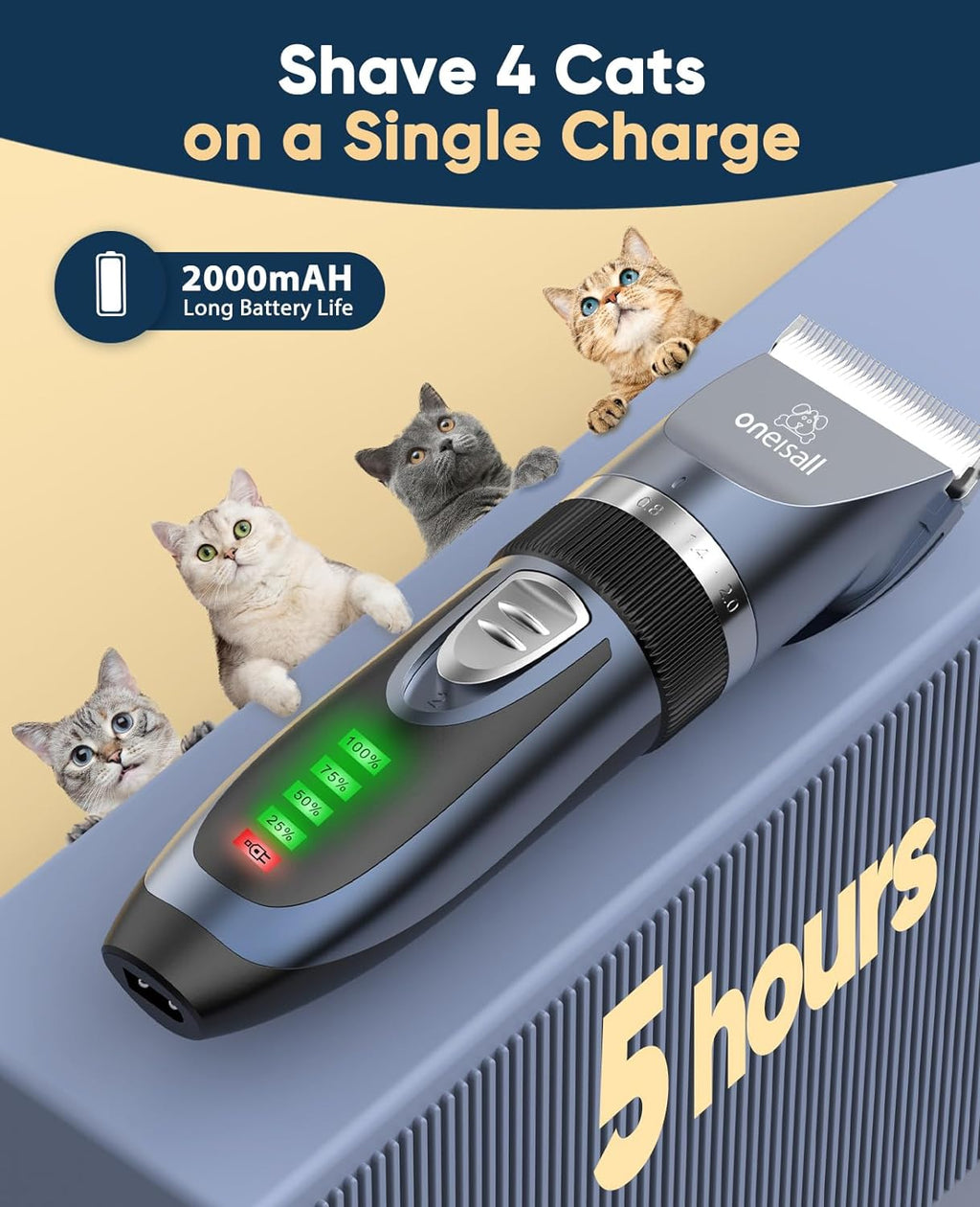 Quiet Cat Clippers for Matted & Long Hair, 2-Speed Cordless Pet Shaver Grooming Kit for Cats, Small Dogs & Animals (Blue)